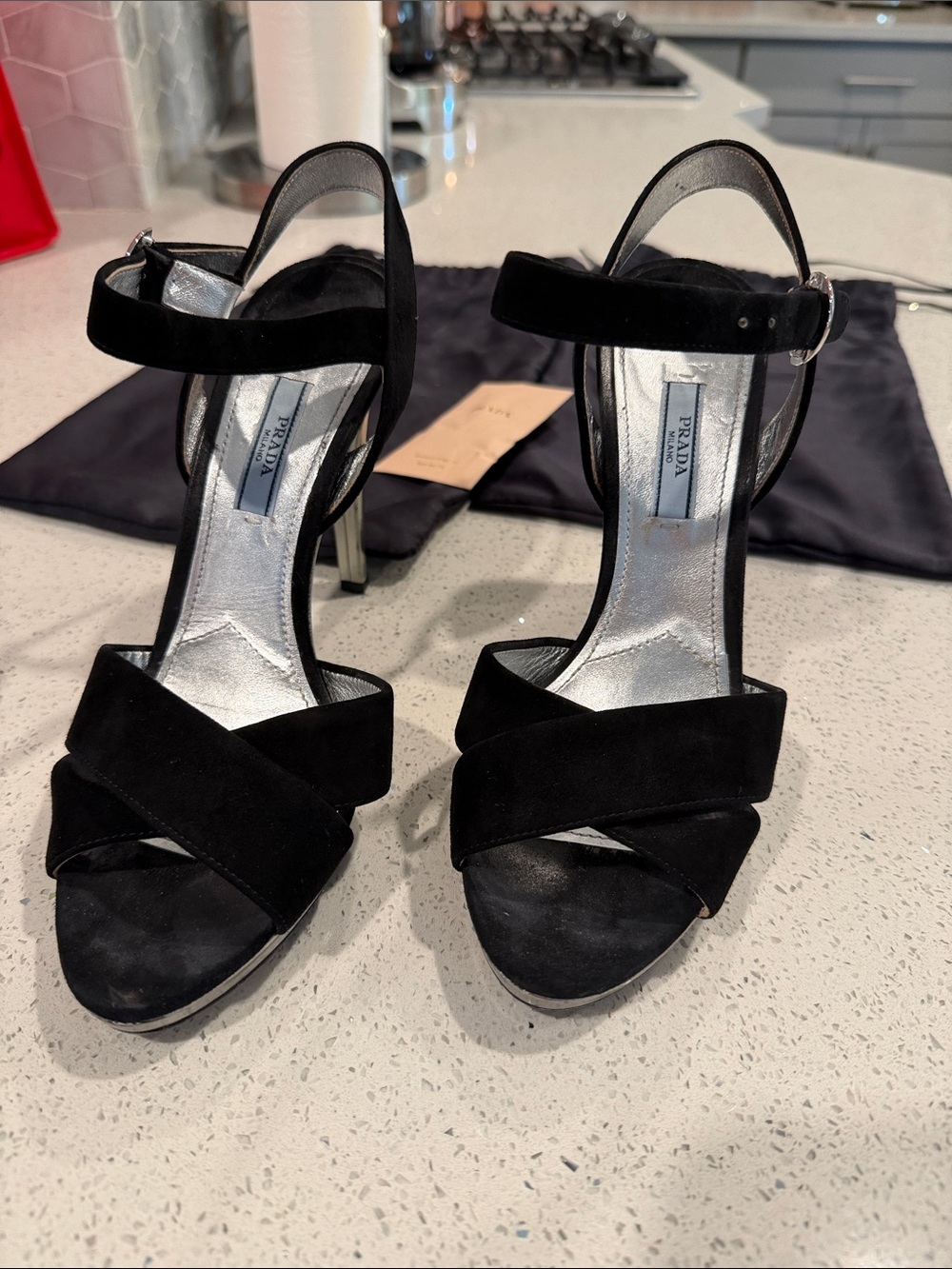 Prada Black Suede Crisscross Ankle-Strap Heels